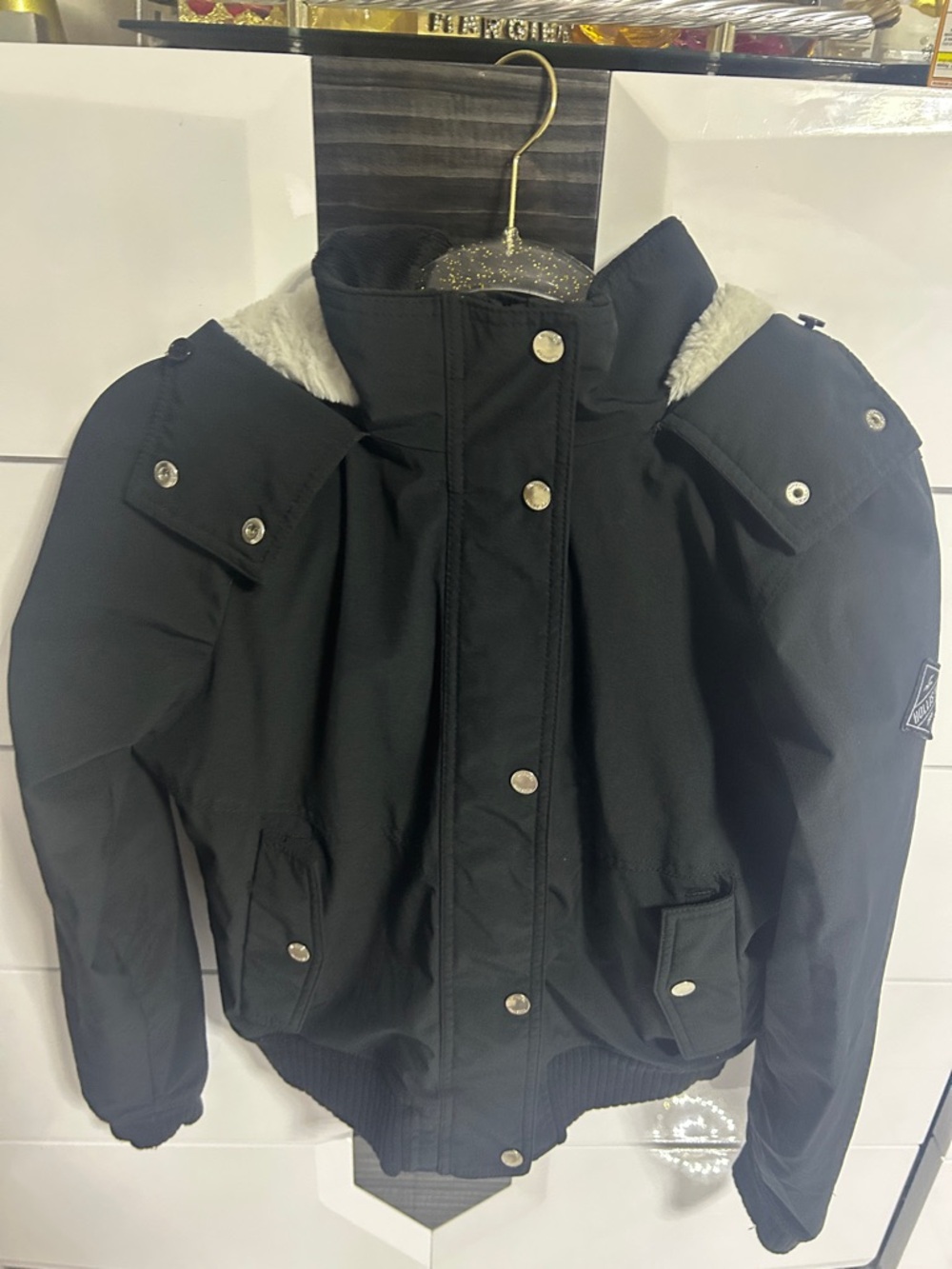 Hollister Black Puffer Jacket with Faux Fur Trim